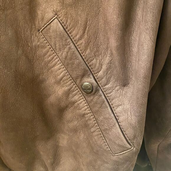90s Vintage Timberland Dark Brown Cowhide Leather Bomber Jacket Size Large - Picture 3 of 8